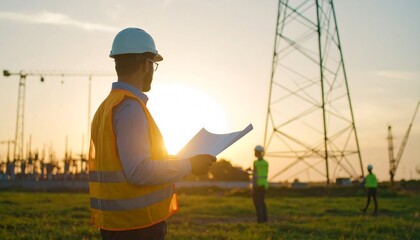Engineer reviewing blueprints at sunset, construction site