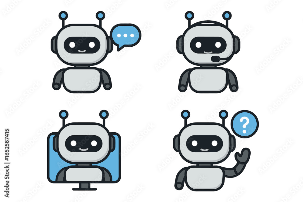 Poster set of cute chatbot mascot icons. ai virtual assistant for customer service and support. robot chara