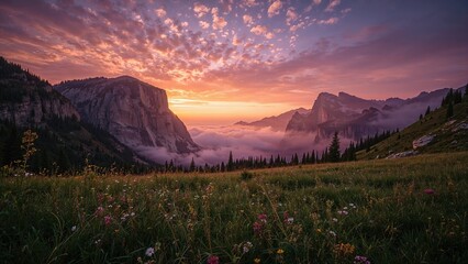 A radiant dusk sky casting hues over an emerald grassland, majestic peaks, and a misty hollow in a mountainous region.