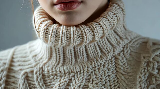 Cozy closeup: knitted sweater details in soft light with subtle motion