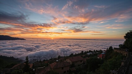 Sun ascending over a misty sea of clouds as observed from a tranquil rural vantage spot.