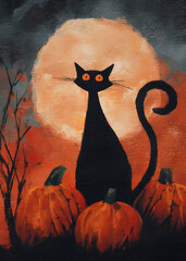 Painting of a black cat with pumpkins and a full moon on Halloween night