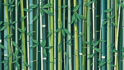 Fototapeta premium Vertical bamboo poles with green leaves and stripes pattern