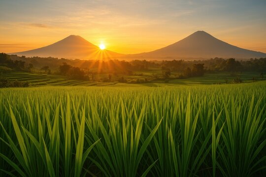 Dawn illuminating fields of rice beneath a pair of mountains