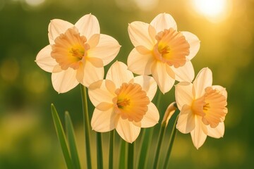 Backlit narcissus flower stems revealing dry leaf textures with a blurred background and warm lighting
