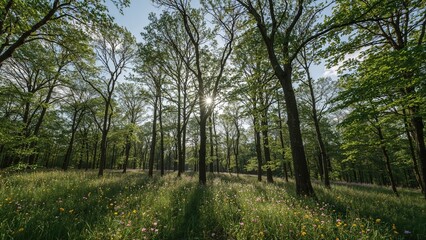 Obraz premium Sun rays filtering through trees, peaceful nature scene