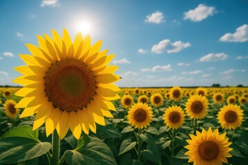 Fototapeta premium A sea of sunflowers stretching under the clear sky
