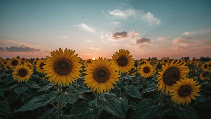 Fototapeta premium A field of sunflowers illuminated by sunset