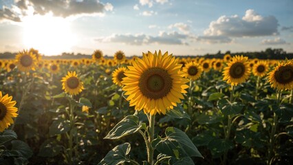 Obraz premium Field of sunflowers ready for picking at dawn