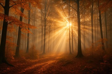 Obraz premium Dawn breaks as sunlight pierces the misty autumn trees