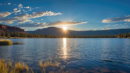 Marriage ceremony beneath the sun by a tranquil lake