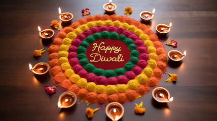 Photo of top view of happy diwali rangoli decoration with lit diya candles on wooden background for the indian festival of lights celebration