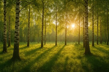 Obraz premium Early summer morning in a forest of birch trees