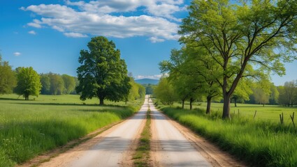 Fototapeta premium Bright summer landscape featuring a dirt road, blue sky, green trees, and colorful meadows