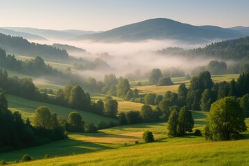 Countryside scenery with summer hills shrouded in morning fog in Lesser Poland