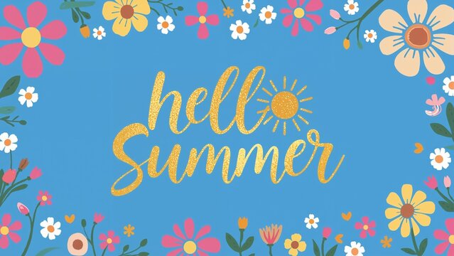 Artistic line art of flowers in vivid colors on a blue background accompanied by cheerful summer calligraphy