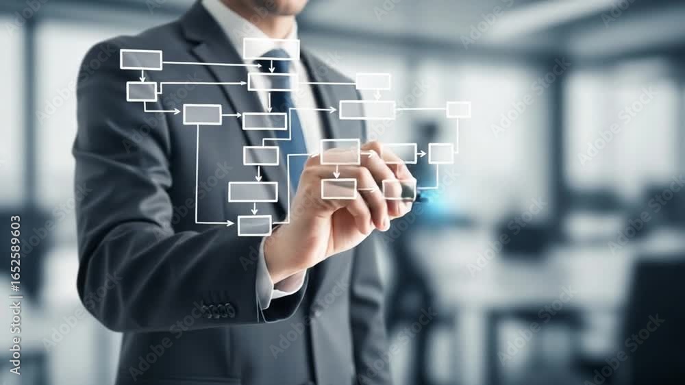 Poster man in suit drawing a flowchart with a marker on a transparent surface in an office space
