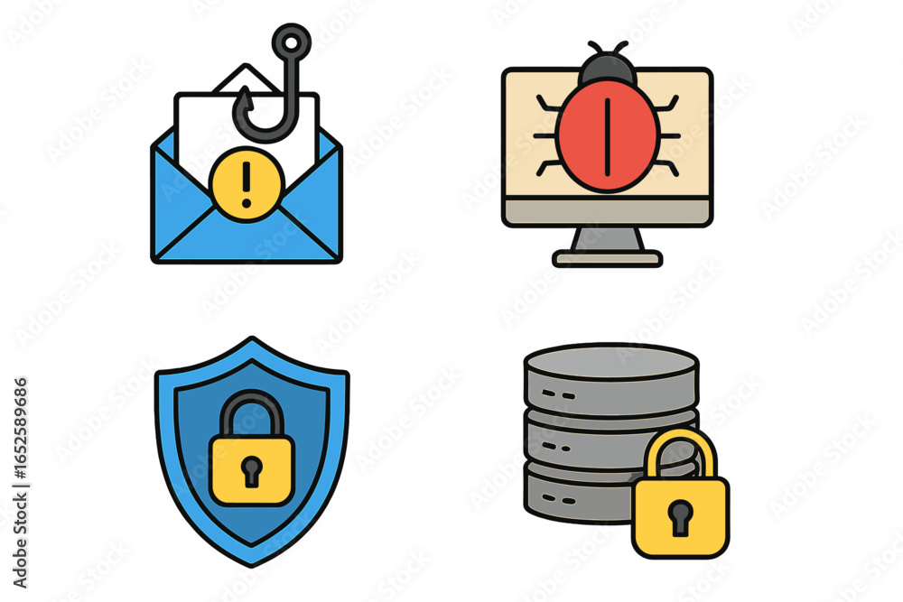 Poster cybersecurity icon set for online threats and protection. phishing email scam, malware bug, data pri