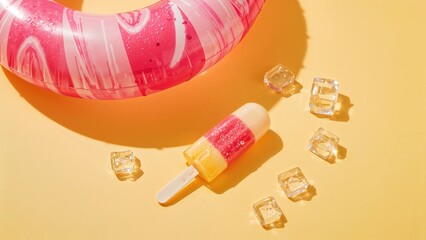 Bright summer scene featuring a float, sun rays, and a frozen treat - flat lay