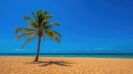 Obraz premium Sunshine inspired image with palm tree shade over a vivid blue canvas