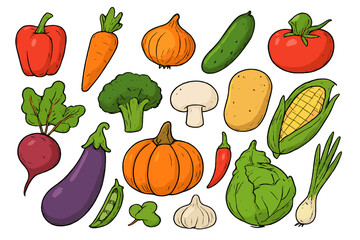 Vegetable set cartoon vector illustration. Fresh farm food for healthy diet cooking. Organic market produce icons. Tomato, carrot, pumpkin, corn, pepper, onion.
