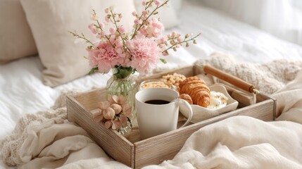 Breakfast in bed tray with beige linen and soft pink flowers