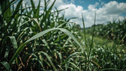Obraz premium Detailed view of sugarcane leaves in a plantation setting