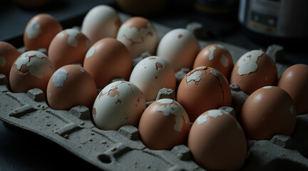 Contaminated eggs concept ,Cracked eggs in carton create rustic kitchen scene, evoking curiosity and intrigue