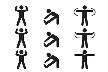 Exercise icon set. Solid black pictogram collection of warm-up and cool-down fitness movements. Jumping jacks, hamstring stretch, arm circles. Vector stick figure people.