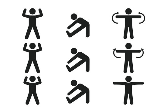Exercise icon set. Solid black pictogram collection of warm-up and cool-down fitness movements. Jumping jacks, hamstring stretch, arm circles. Vector stick figure people.
