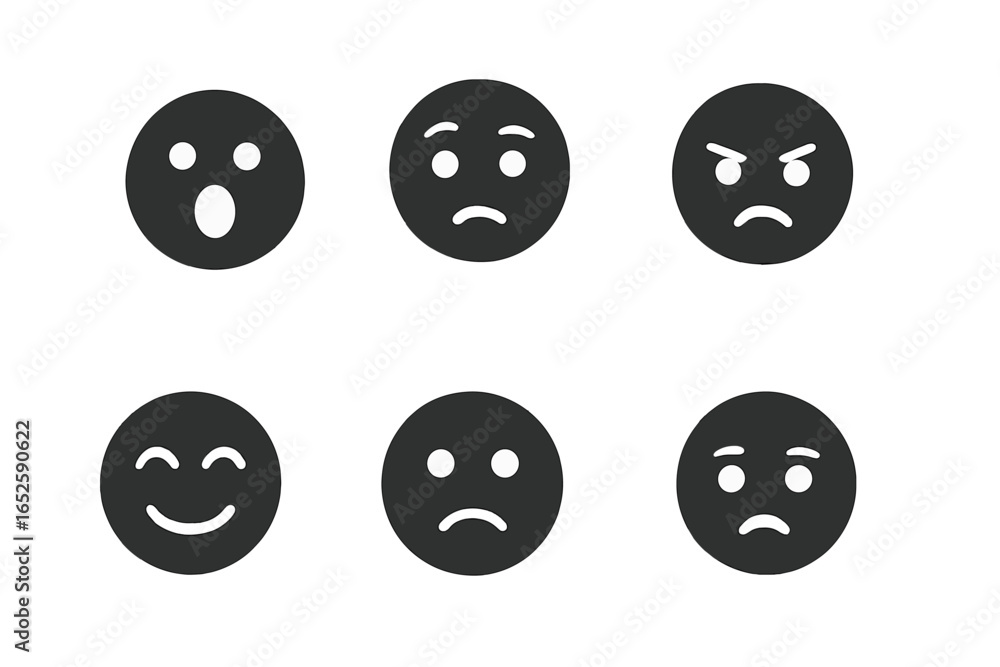 Poster emotional icon set. solid glyph vector collection of emoticons. face expression symbols for ui desig
