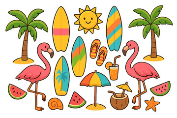 Summer beach symbols set. Tropical vacation icons collection. Cute cartoon flamingo, palm tree, surfboard, sun, watermelon, cocktail. Vector holiday doodle illustration.