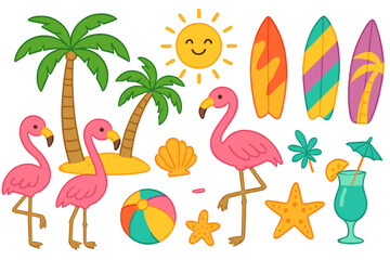 Summer beach icon set with flamingo, palm tree, surfboard. Tropical vacation cartoon collection. Cute holiday elements. Vector illustration for travel paradise design.
