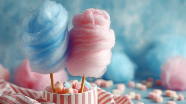 Carnival-themed birthday with cotton candy machine (blue/pink swirls)