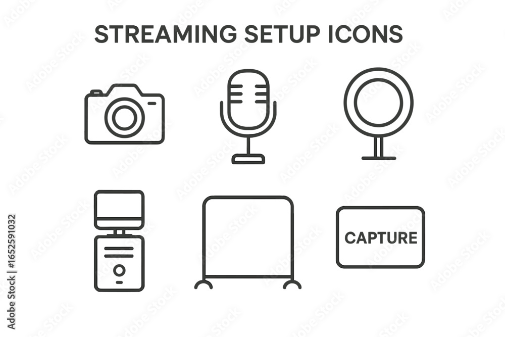 Poster streaming setup outline icon set. vector icons for streamer and gamer. includes camera, microphone, 