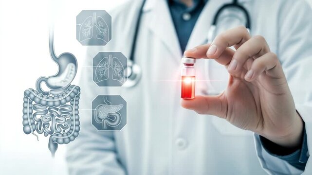 Doctor holding vial with digestive system and lungs diagram in the background on white surface