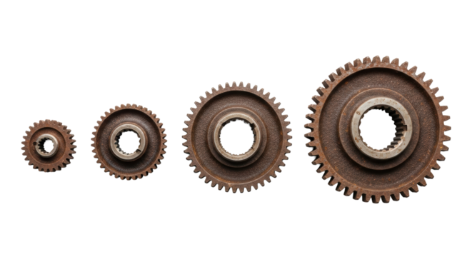 Five distinct, heavily rusted metal gears with intricate teeth and flaking rust, arranged horizontally on a seamless transparent background, top-down, shadowless. Concept of industrial precision