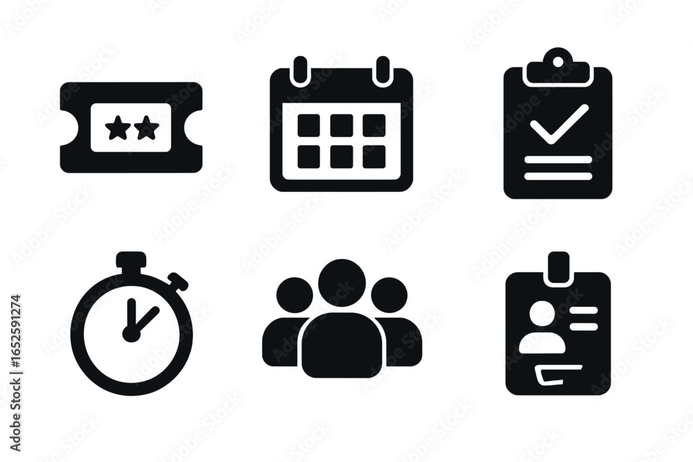 Poster event management solid icon set. glyph symbols for planning and organization. vector collection of t