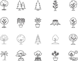 Tree and Plant Variety Line Art Icon Set