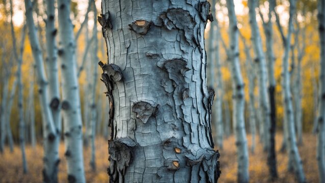 Close-up of the old, gray bark's structure and appearance on an aspen tree