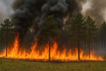 Vast forest fire engulfing the area with heavy smoke and aggressive flames