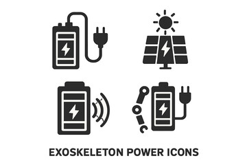 Exoskeleton power icon set. Solid glyph icons for bionic suit energy sources. Includes battery pack, wireless charging, solar panel charger, and robotic plug-in concepts.