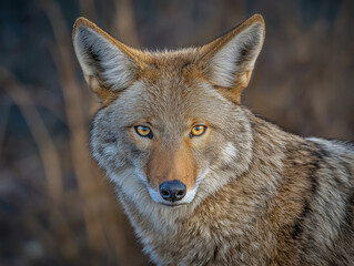 Fototapeta premium Close-up of a coyote with striking yellow eyes, showcasing its thick fur and sharp features, surrounded by a blurred natural background, highlighting the beauty of wildlife