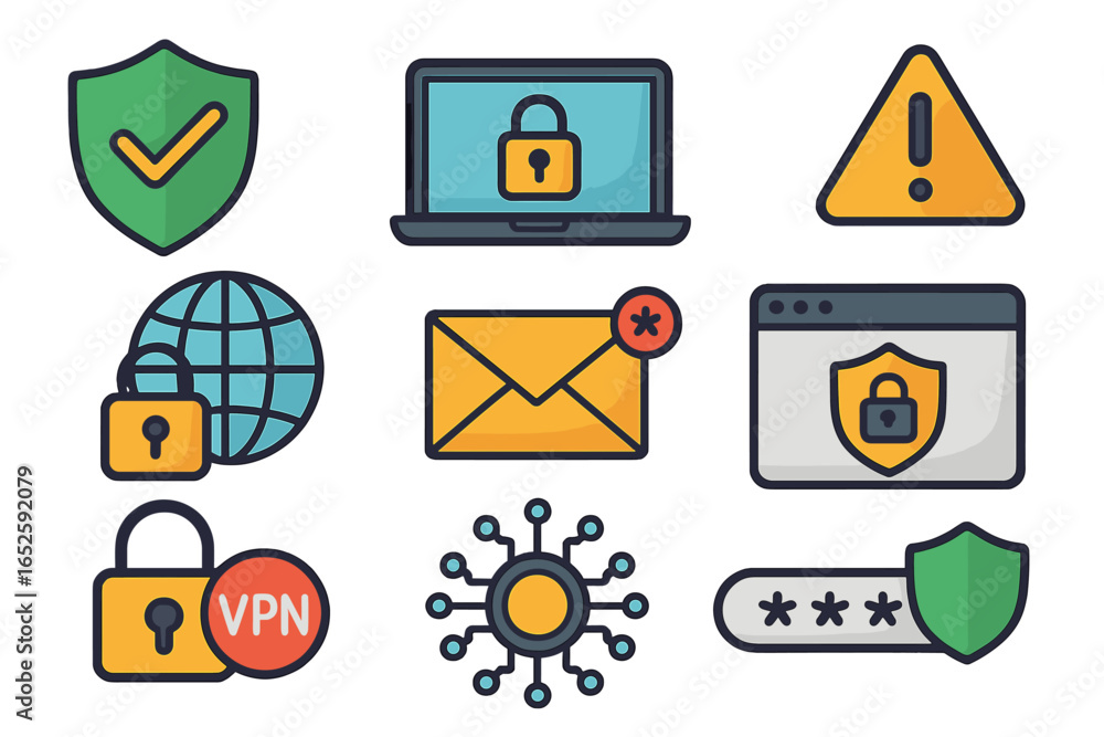 Poster cybersecurity icon set for data protection and internet safety. vector collection of security symbol