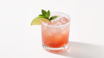 Classic Strawberry Margarita with Fresh Lime and Mint Leaves on White