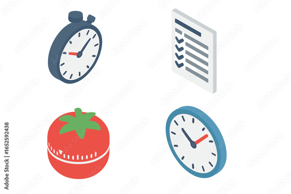 Poster time tracking icons. isometric flat icon set. time management and productivity concept. stopwatch, t