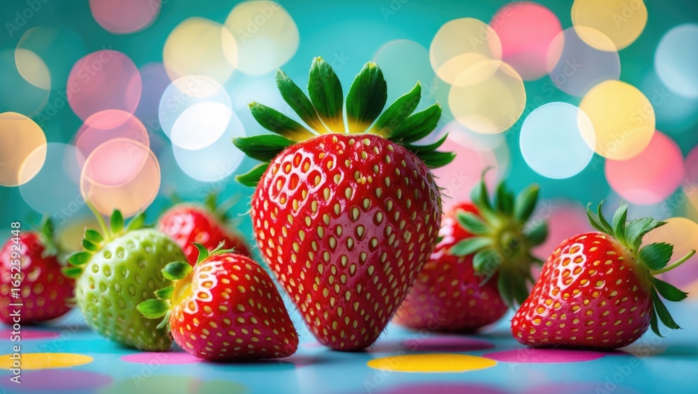 Poster strawberries surrounded by a spectrum of colorful bokeh lights