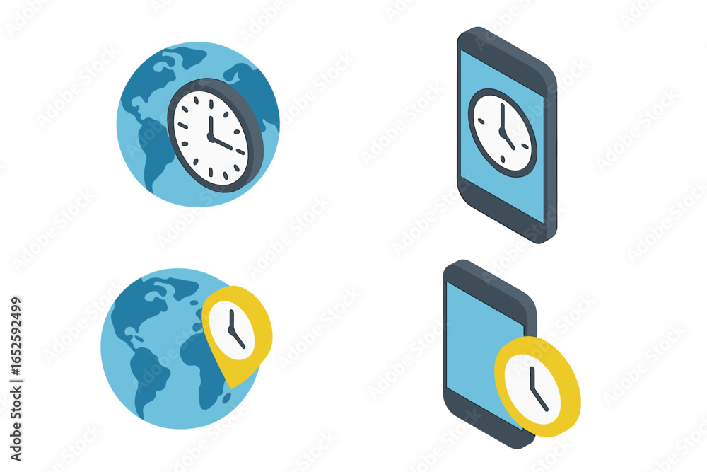 Poster isometric time zone icon set for global business. vector collection of world clock, earth, smartphon