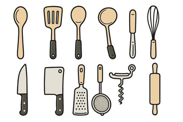 Kitchen utensils tools set vector. Cooking equipment icons. Culinary collection. Cookware, spoon, spatula, ladle, knife, whisk, grater, rolling pin. Baking, food prep.