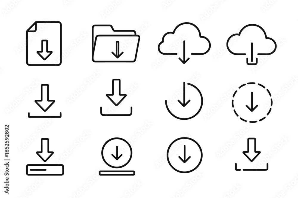 Poster download icon set. line art collection of vector symbols for ui and ux. arrow down, file, folder, cl